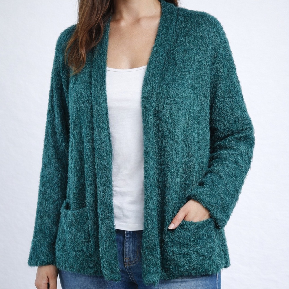 NWT Colleen Lopez Green Soft Fuzzy Open Cardigan Sz L Lagenlook Cottagecore Y2K